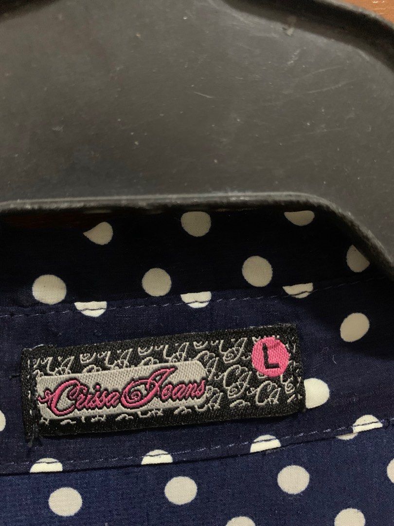 Crissa Polka Dots Dress (Category: Dresses) located in Pasay City. Submitted by byethings (Listing ID 1261820041, Image 3). Description: Size: Large (fits to Medium frame) Color: Navy blue with polka dots.