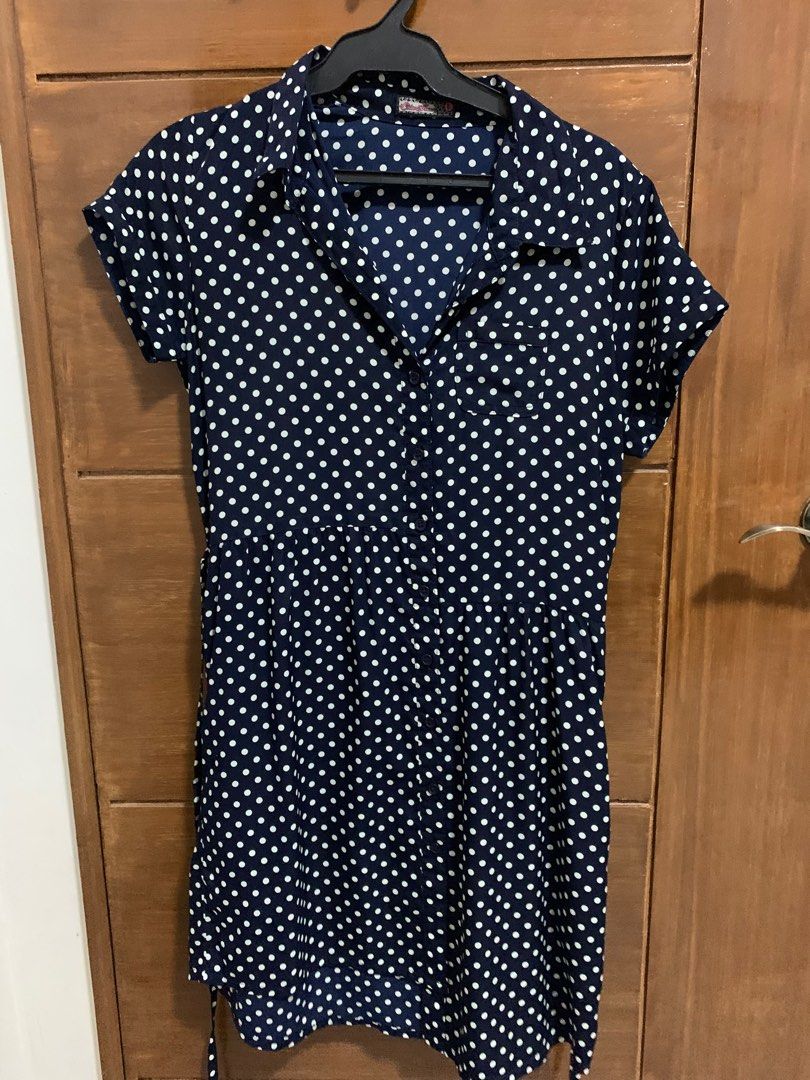 Crissa Polka Dots Dress (Category: Dresses) located in Pasay City. Submitted by byethings (Listing ID 1261820041, Image 1). Description: Size: Large (fits to Medium frame) Color: Navy blue with polka dots.