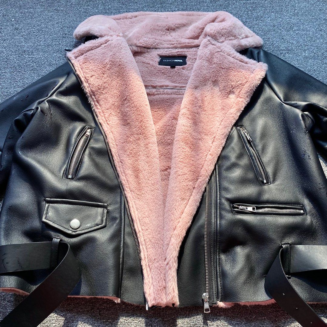 Fashion nova fuzzy sleeve leather jacket - アウター