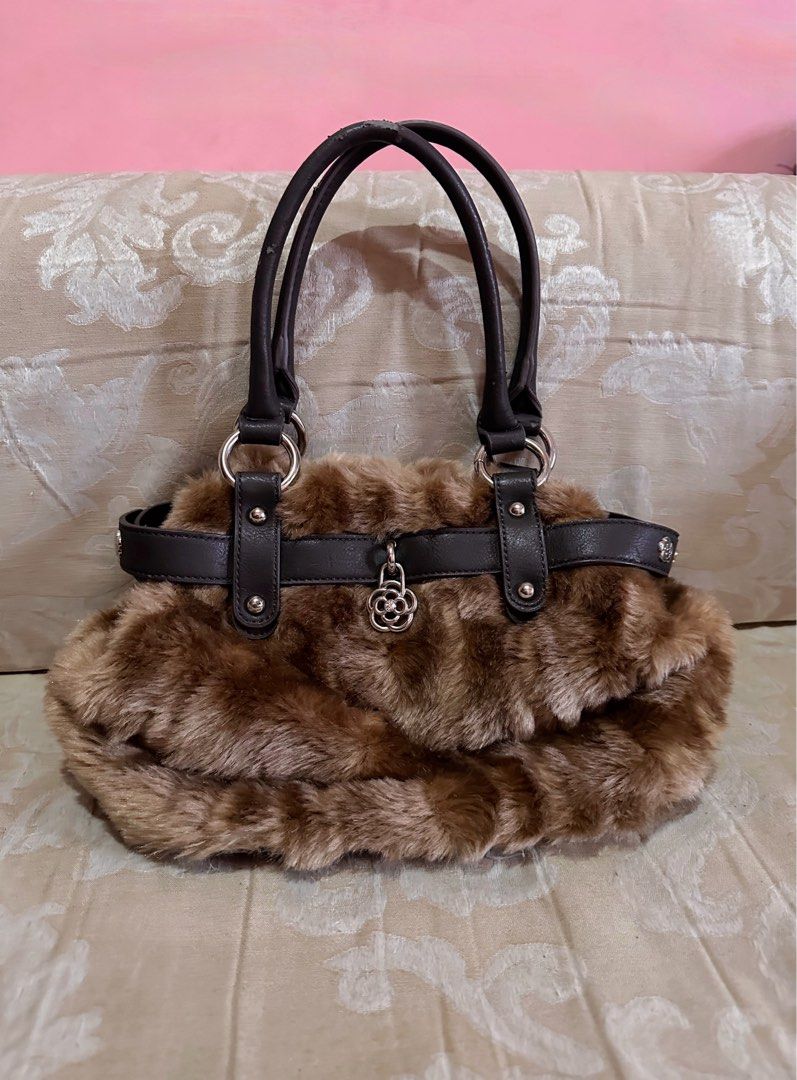 Vintage Brown Mink Fur Handbag With Braided Silk Shoulder Strap at