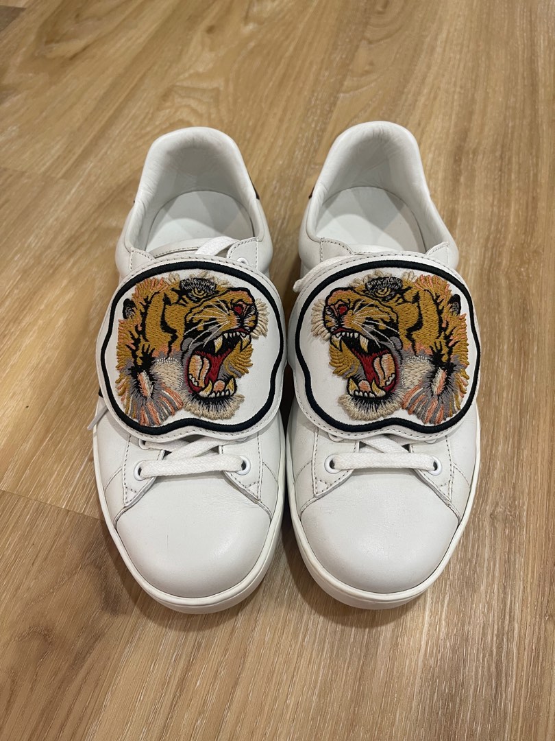 Gucci Ace Web Tiger Sneaker Patch Leather Python Heels EU41