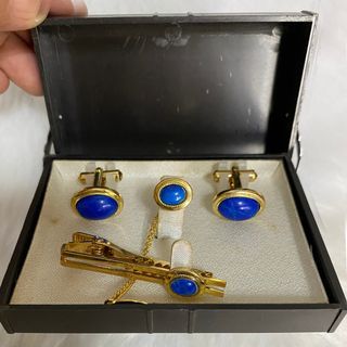Japan Vintage Gold Tone Blue Stone Cuff Links, Pin & Tie Clip Set