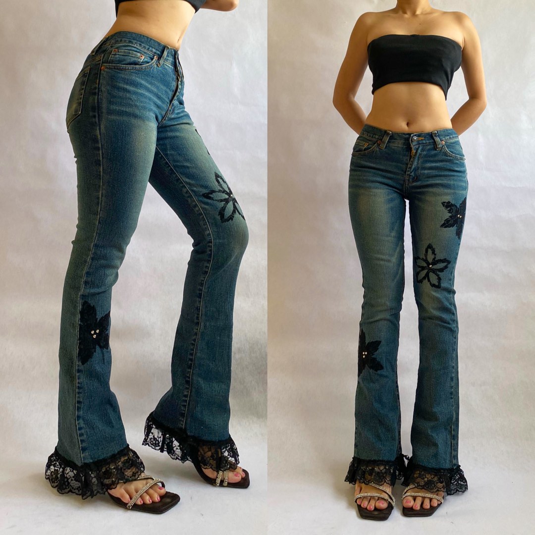 Beaded Floral Low Rise Jeans (XS)