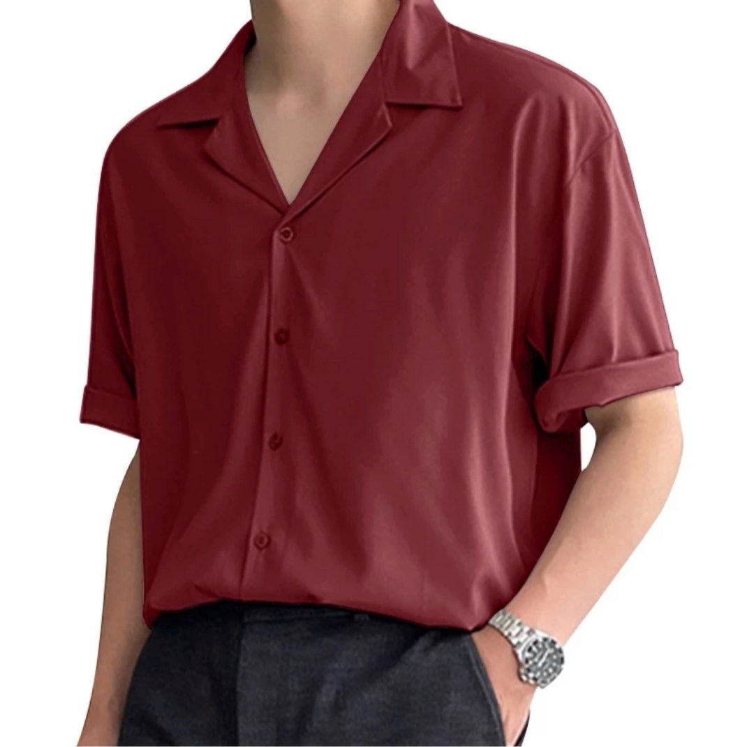 Maroon short sleeve button up top