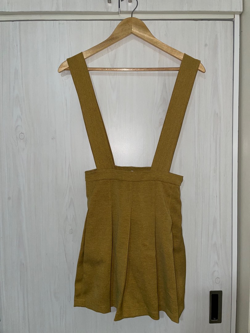 Mustard yellow skirt with suspenders / overalls skirt, Women's Fashion