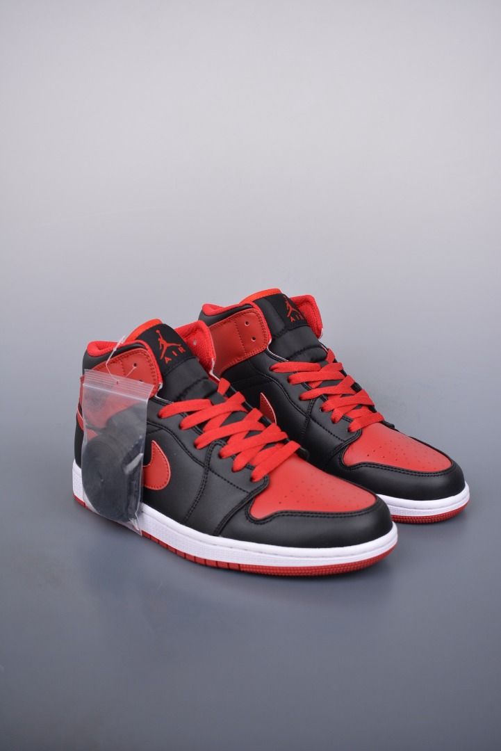 Nike Air Jordan 1 Mid jari kaki hitam dan merah Men s Fashion