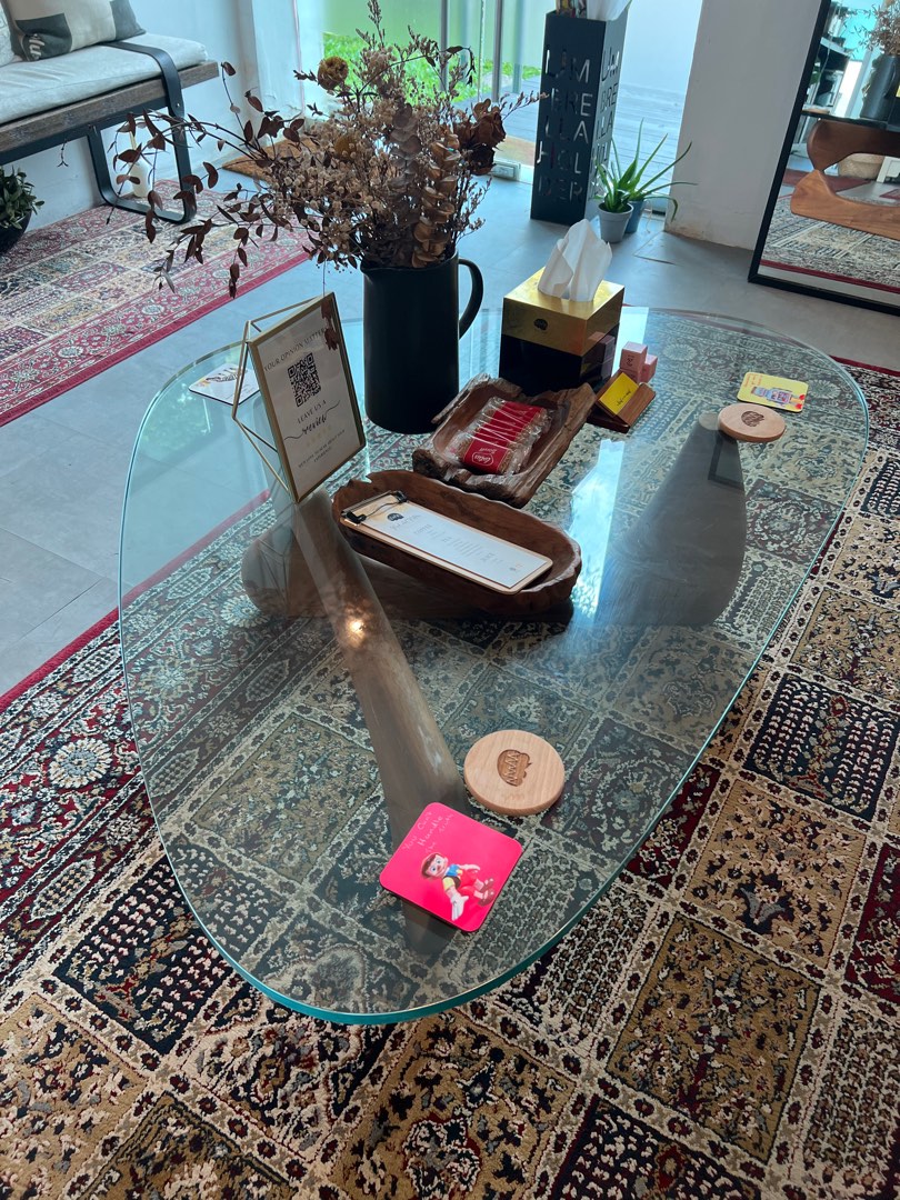 [OFFICE MOVING SALE] Glass and wood coffee table, Furniture & Home