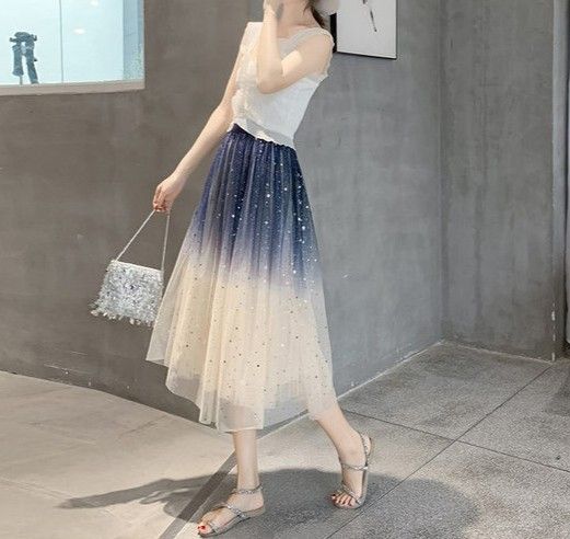 Ombre high waist tulle skirt with moon stars sequins FREE SIZE