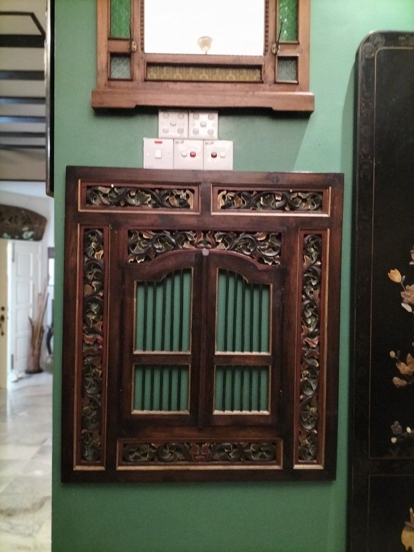 Ornate Vintage Peranakan Hand Carved Wood Window Frame Wall Art Panel