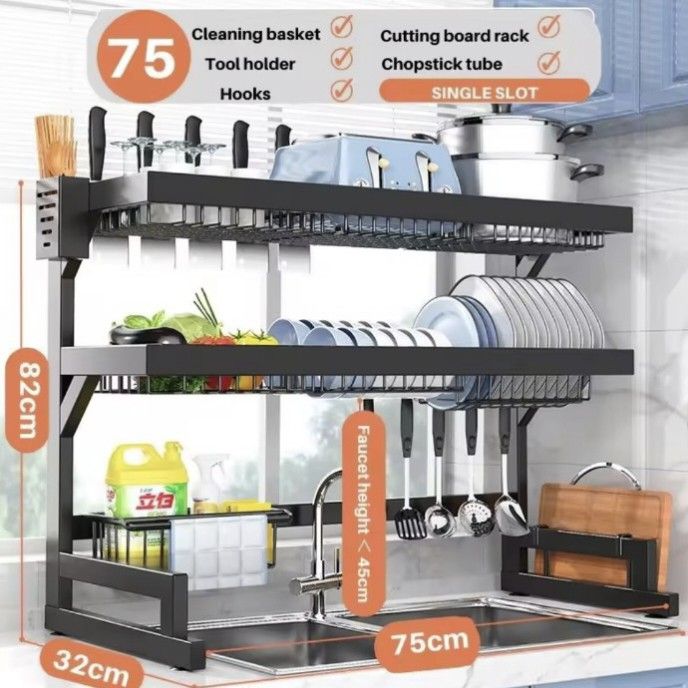 Rak Pinggan Mangkuk Rak Dapur Stainless Steel Sink Rack Kitchen Sink Storage Organizer Rack Sinki Dish Drainer Rak Multifunction Furniture Home Living Kitchenware Tableware Food Organisation Storage o...