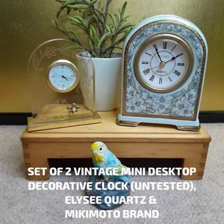 SET OF 2 VINTAGE MINI DESKTOP DECORATIVE CLOCK (UNTESTED), ELYSEE QUARTZ & MIKIMOTO BRAND