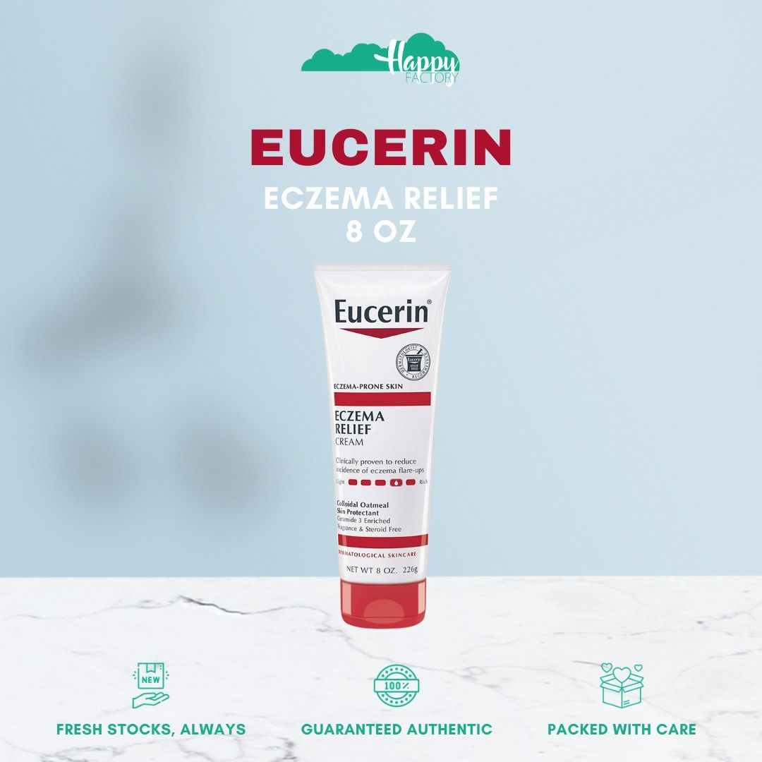 EUCERIN Eczema Relief 8 oz (Category: Face Care) located in Quezon City. Submitted by happyfactoryph (Listing ID 1111219081, Image 1). Description: EUCERIN Eczema Relief 8 oz exp6/24 – P990 (from P1590) ⁣ Product Details: Eucerin Eczema Relief Body Cream delivers 24 hour hydration, and is formulated with colloidal oatmeal, Ceramide-3, and Licorice Root Extract. This Eucerin eczema relief cream is fast-absorbing, and is fragrance free, dye free, a