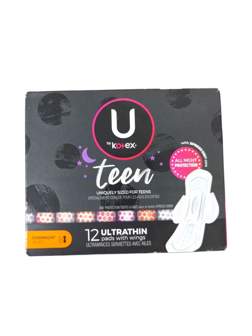 U by Kotex Teen Ultra Thin Feminine Pads with Wings, Overnight, Unscented,  12 Count
