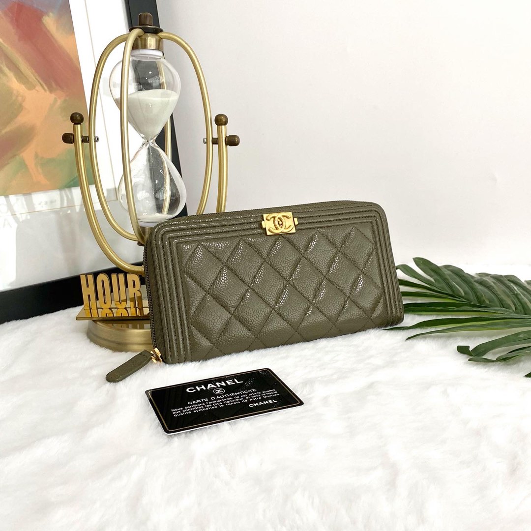 💯% Authentic Chanel Khaki Green Caviar Boy Long Zipper Wallet, Luxury,  Bags & Wallets on Carousell