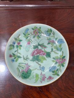 A Ching pale Nonya celadon grasshopper floral design plate