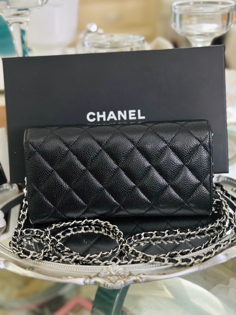 Authentic Chanel Classic Flap Long Caviar Leather Wallet with WOC Converter