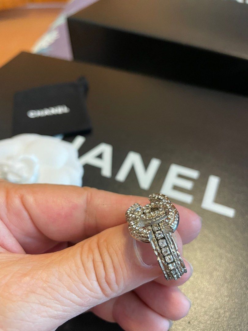 Authentic Chanel Silver Tone Hammered Crystal CC Logo Ring