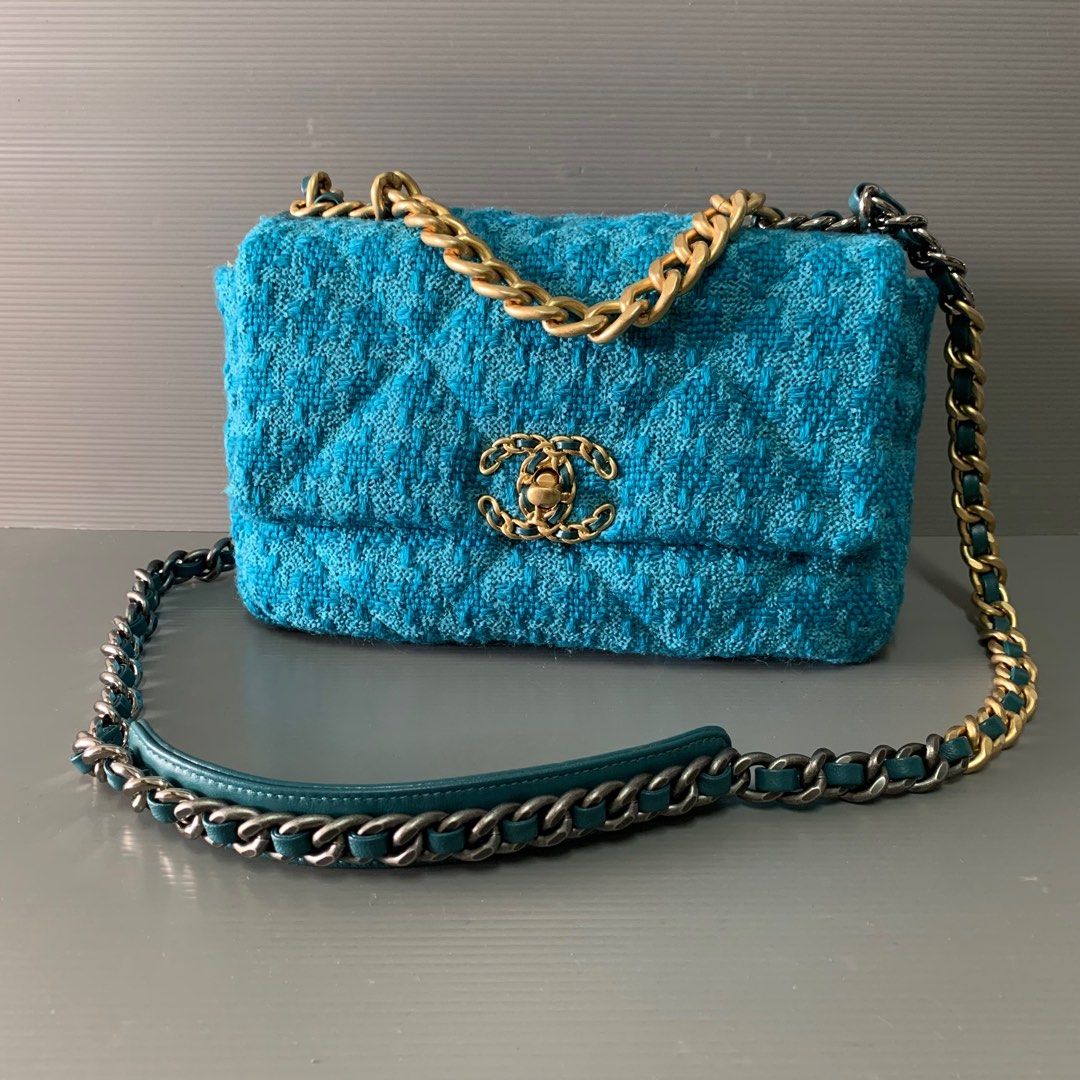 Authentic Chanel Tweed Quilted Medium Chanel 19 Flap Turquoise Bag