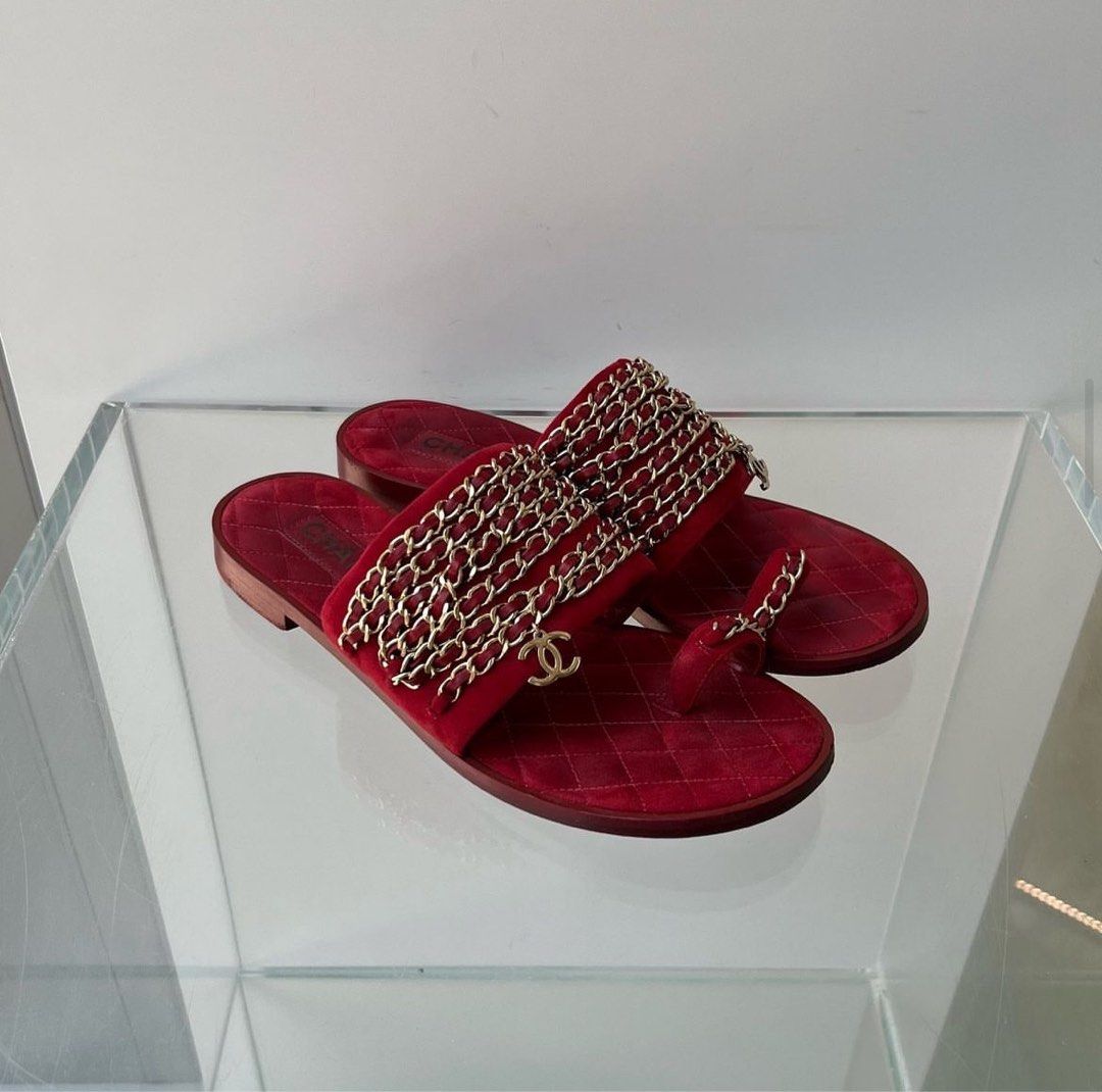 Chanel Chain Sandals G34433 Suede Red Lghw Women s Fashion