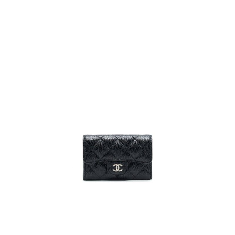 Chanel+Classic+Card+Holder+Grained+Calfskin+Silver+Black+AP0214