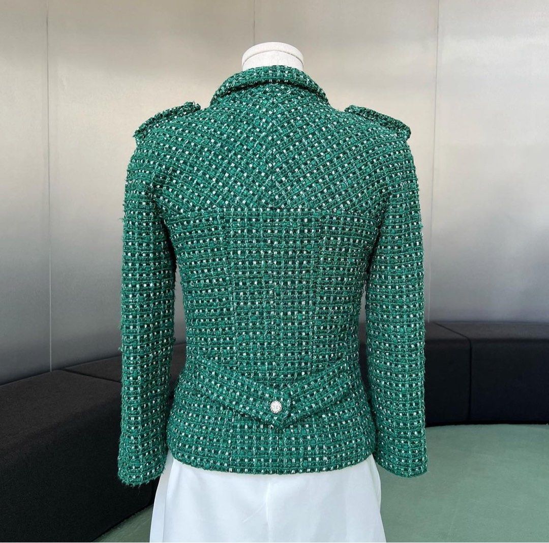 Chanel P27772 06C Jacket Size 34 Green Tweed, Luxury, Apparel on