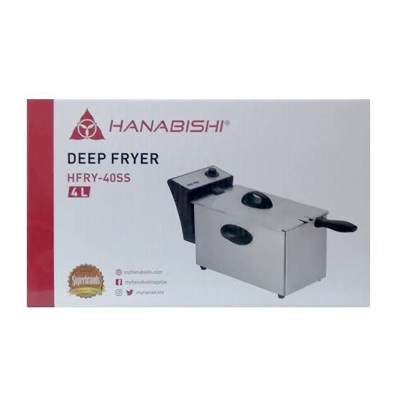 Deep Fryer (Category: Cookware & Accessories) located in Paranaque City. Submitted by bellebarn (Listing ID 1262107829, Image 2). Description: - Hanabishi Brand - Brand new, sealed - 4 liter capacity - Stainless Steel - Includes: smoke filter, cord storage, frying basket - Variable temperature control - Heat and power light indicator.