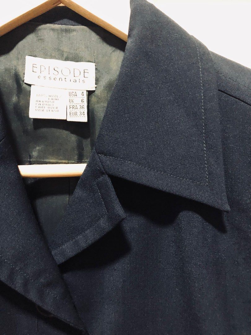 Episode navy blue wool short wool blazer (Category: Coats, Jackets and Outerwear) located in Mandaluyong City. Submitted by applebss (Listing ID 1262103375, Image 2). Description: Episode 100% wool short navy blue blazer, fully lined, with shoulder pads. Nice & preppy as corporate, airport & travel attire.Bought in Rustan’s Shangri-la Plaza #sweldona.