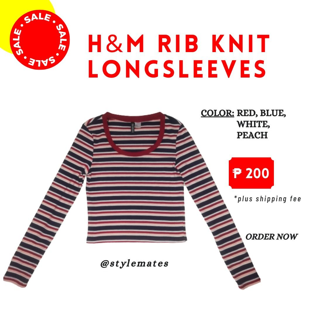 H&M Rib knit cropped longsleeves (Category: Longsleeves) located in Paranaque City. Submitted by stylemates (Listing ID 1250666733, Image 1). Description: Please read terms and conditions on the last photo. Last price posted. Size M on tag but it seems like a size small. Here are the measurements* when laid flat: Shoulder: 14 inches Length: 18" Sleeve length: 24" *please allow slight dimension measurement difference due to manual measurement. SF 