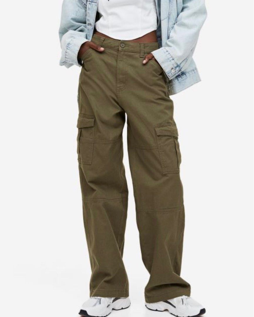 H&M Ladies Twill Cargo Pants Trousers Light Khaki Green UK 10 Straight  Pockets