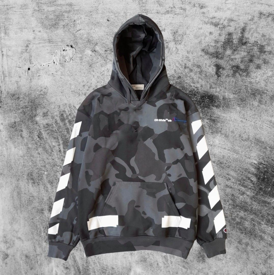 Hoodie Off White X Champion Camo Abu Fesyen Pria Pakaian Baju Luaran di Carousell