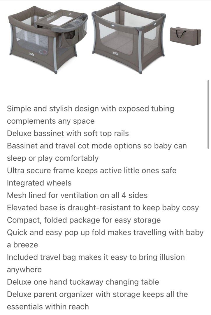 Joie illusion Travel Cot, Babies & Kids, Baby Nursery & Kids Furniture