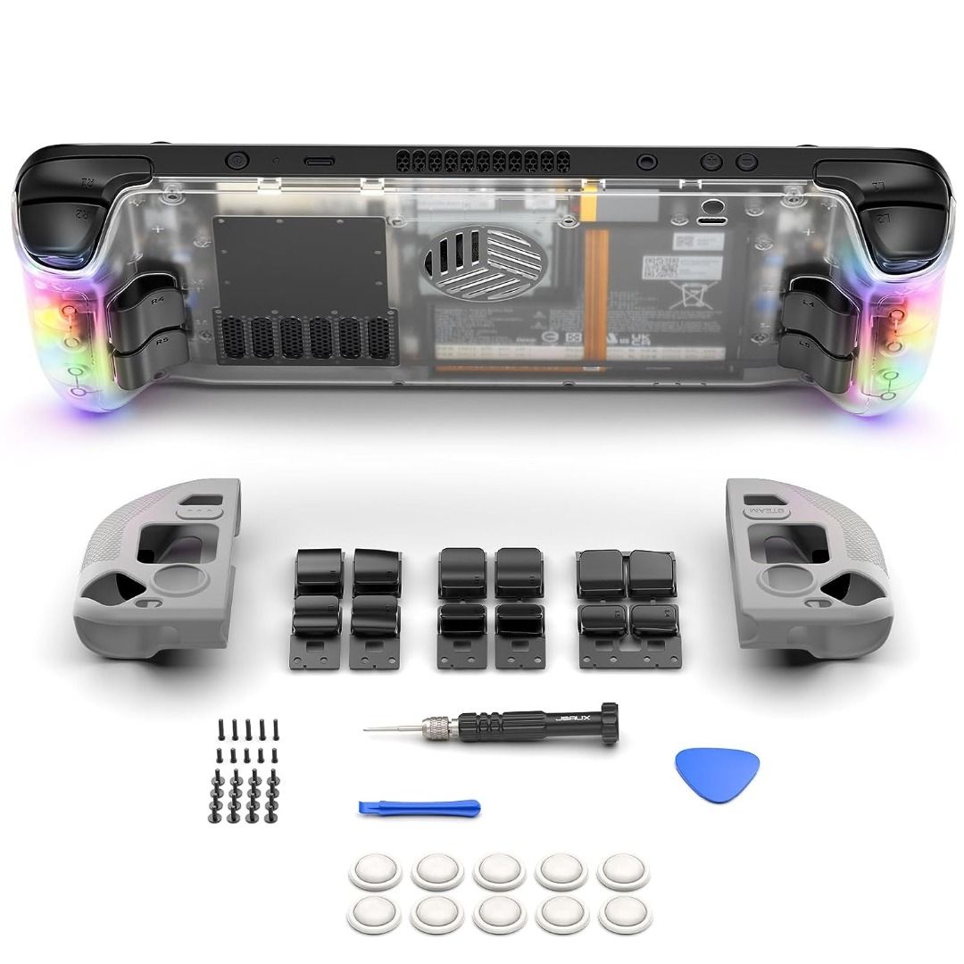 JSAUX Transparent Back Plate RGB Version Compatible for Steam Deck, DIY Clear Edition Replacement Shell Case Compatible with Steam Deck (Category: Cases & Covers) located in Las Pinas. Submitted by techsmartph (Listing ID 1262011458, Image 2). Description: Available variations: For LCD For OLED * [RGB Illuminate Your Steam Deck] Experience a vibrant display of colors with our RGB lighting. Transform your Steam Deck into a mesmerizing spectacle as