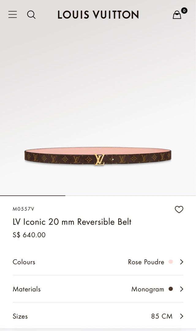 Louis Vuitton Pretty LV 20mm Reversible Belt Black + Cowhide. Size 85 cm