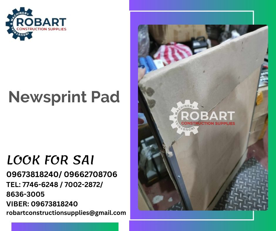 Newsprint Pad (Category: Construction Tools & Equipment) located in Manila. Submitted by sairobart375609 (Listing ID 1262046036, Image 1). Description: Newsprint Pad 2 x 3 x 100 sheets ROBART CONSTRUCTION SUPPLIES Note: Prices are subject to change without prior notice. For inquiries: For FAST TRANSACTION: Sai Robart - 09673818240 / 09662708706 Vbr: Robart Sai - 09673818240 sairobart3@gmail.com Office Address: 1405 Yuseco St. Sta. Cruz Manila 774