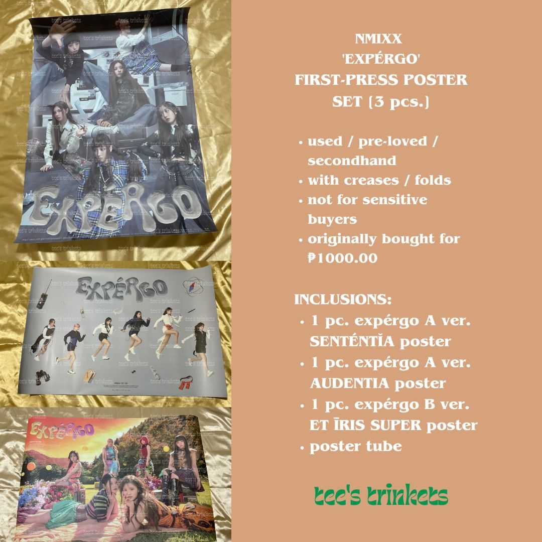 NMIXX 1st EP expérgo First-press Poster Set [3 pcs.] (Category: K-Wave Merchandise) located in Pasay City. Submitted by teestrinkets (Listing ID 1261846385, Image 1). Description: NMIXX 1st EP 'EXPÉRGO' FIRST-PRESS POSTER SET [3 pcs.] ₱150.00 + Shipping Fee - used / pre-loved / secondhand — please manage your expectations - with creases / folds - not for sensitive buyers - pay as you order - as is where is basis INCLUSIONS: - 1 pc. expérgo A ver.