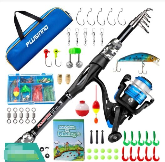 Only Reel ANd Tackle Box)PLUSINNO Kids Fishing Pole, Portable Telescopic  Fishing Rod and Reel Combo Kit, Sports Equipment, Fishing on Carousell