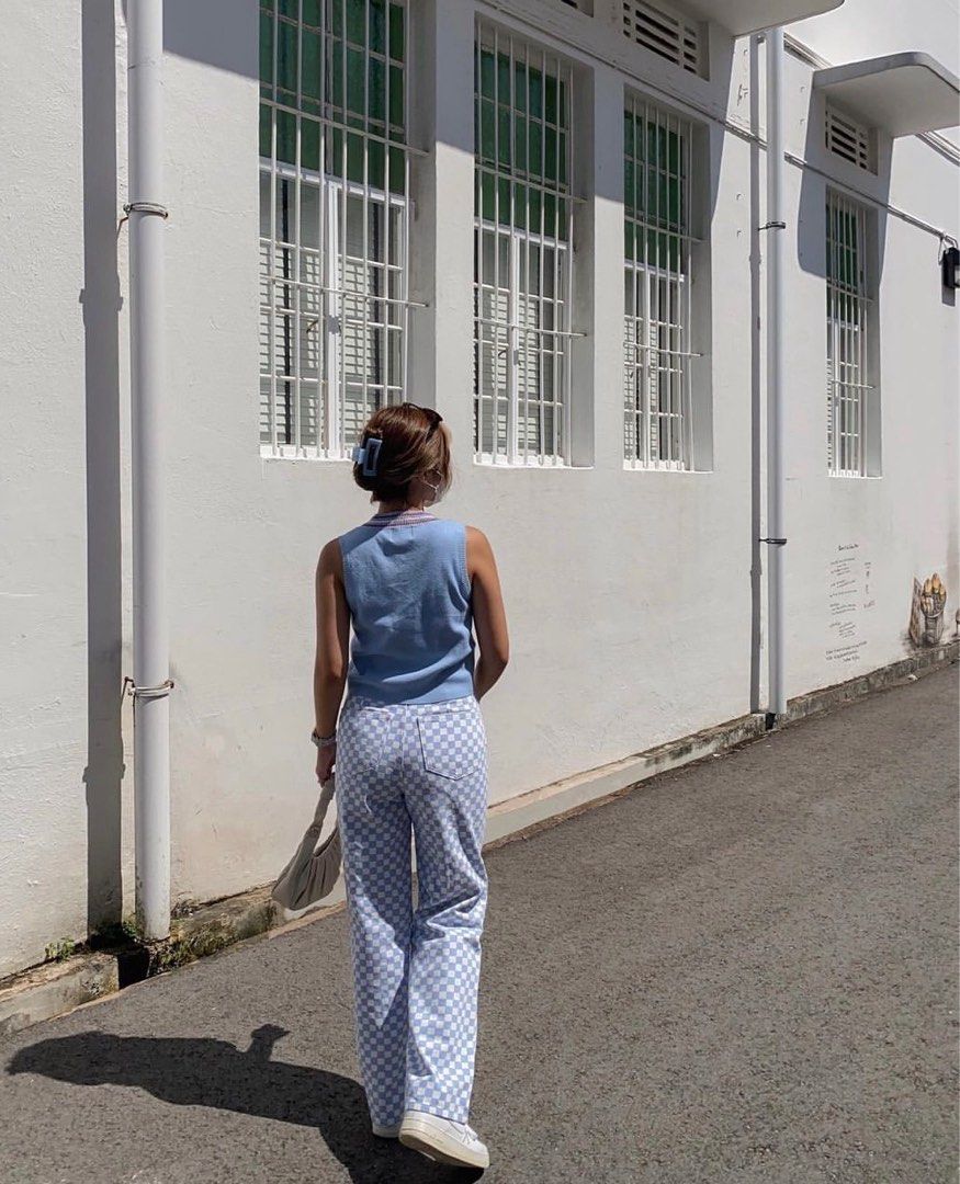 Pomelo Blue Checkered Jeans Women s Fashion Bottoms Jeans