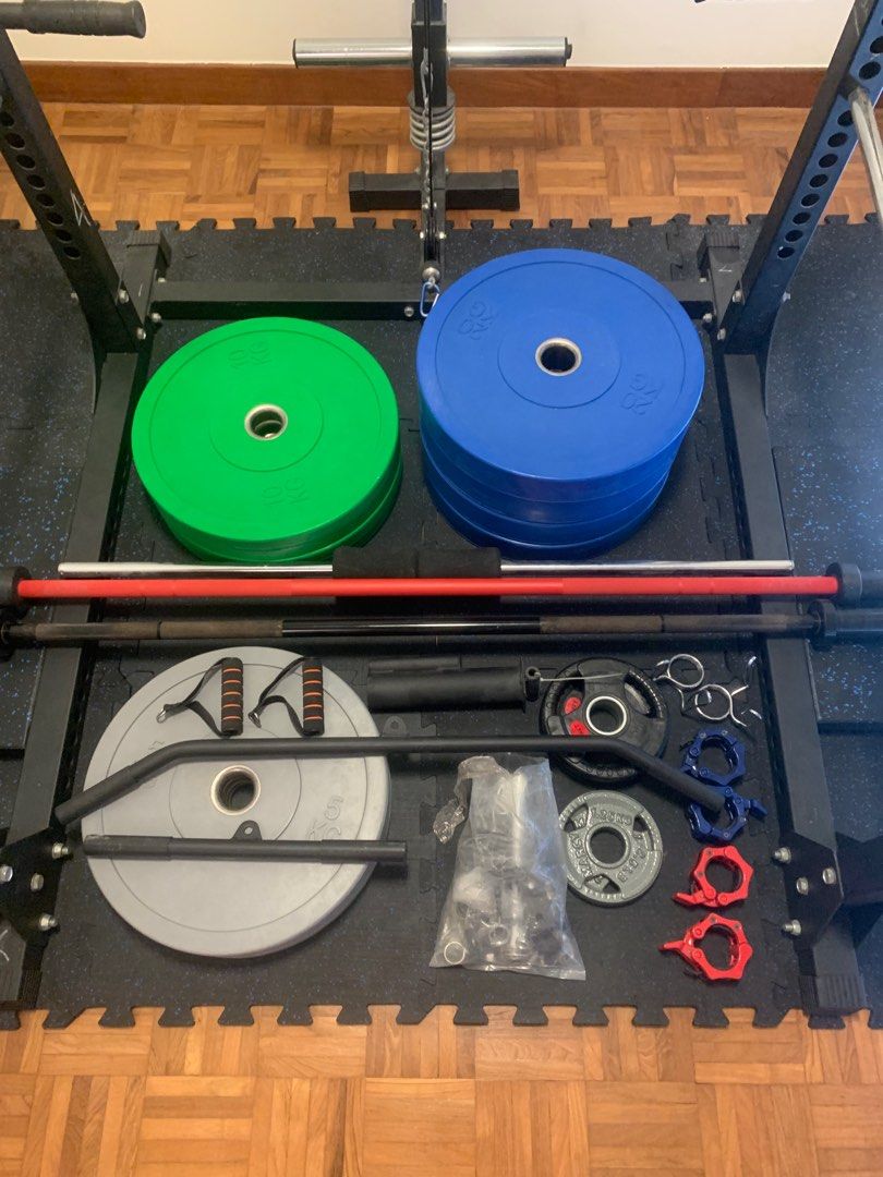 Power/Squat Rack w/ 150kg bumpers + bars and accessories, Sports Equipment, Exercise & Fitness