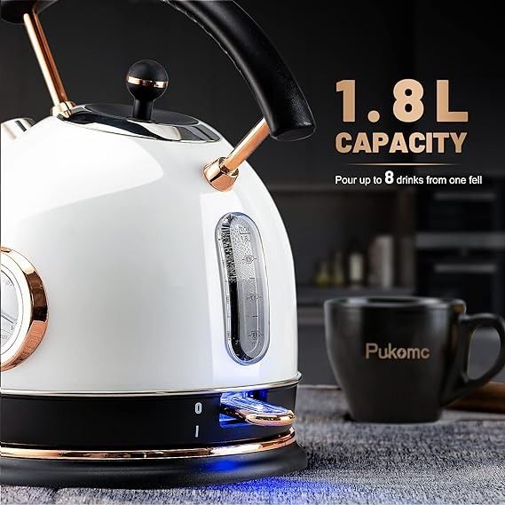 Retro Electric Kettle Stainless Steel 1.8L Tea Kettle, Hot Water Boiler  with Thermometer, Led Light, Fast Boiling, Auto Shut-Off&Boil-Dry  Protection (White) 