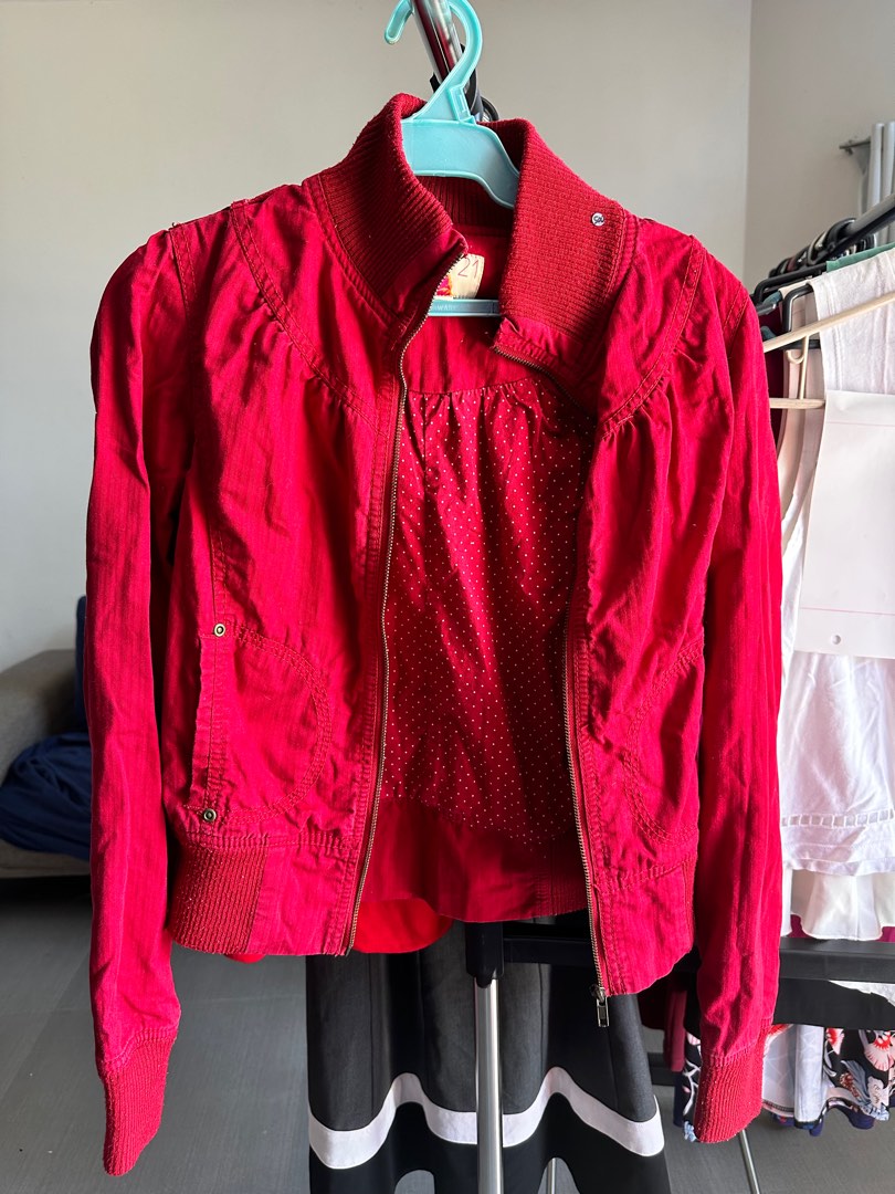 Red Apple Pattern Print Women Casual Bomber Jacket