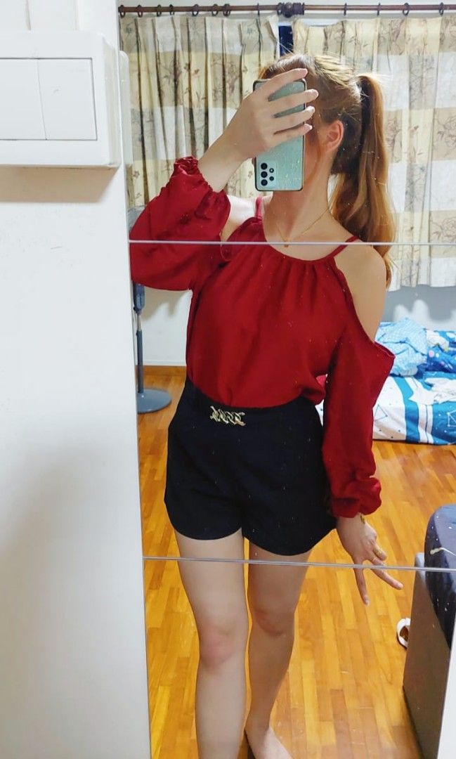 Red top black shorts sales