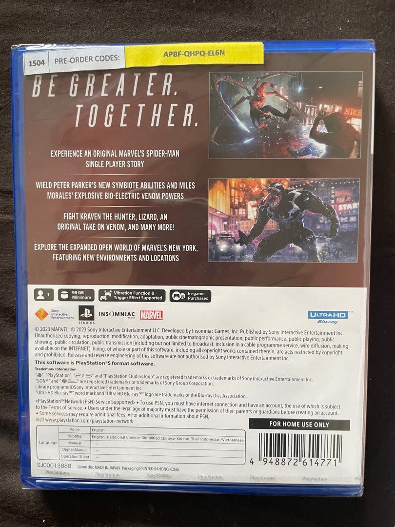 Sony PS5 Game Spiderman 2 Marvel exclusive (Category: PlayStation) located in Manila. Submitted by agsbeagle888 (Listing ID 1262028897, Image 2). Description: Game Overview!! The latest Spiderman game exclusive for PS5 BE GREATER. TOGETHER. Spider-Men, Peter Parker and Miles Morales, return for an exciting new adventure in the critically acclaimed Marvel’s Spider-Man franchise for PS5. Swing, jump and utilize the new Web Wings to travel across Ma