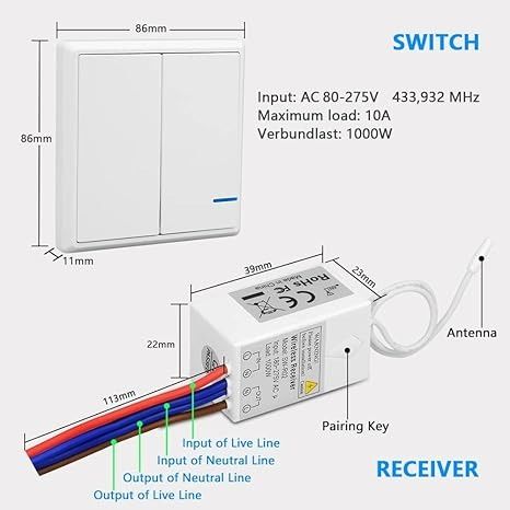 Acegoo Wireless Lights Switch Kit - Self-Powered Battery Free Transmitter  with Receiver Remote Control House Lighting & Appliances (Switch, Receiver