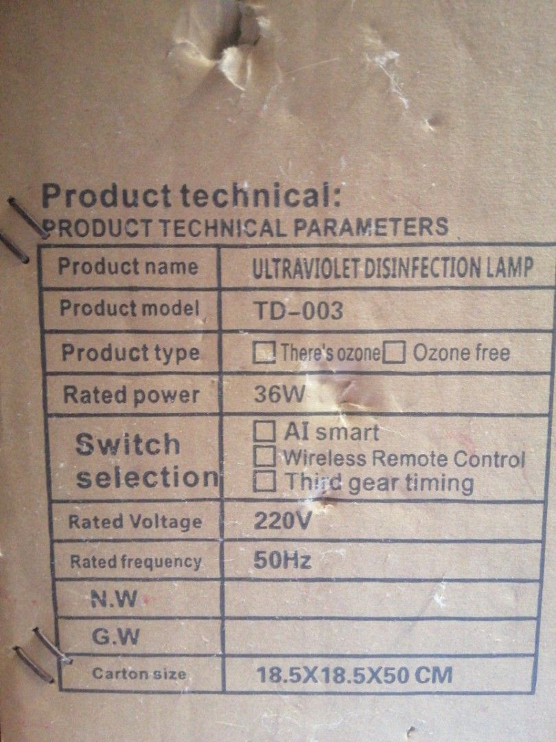 Ultraviolet Disinfection Lamp (Category: Lighting) located in Tanza. Submitted by mmichaela (Listing ID 1261991917, Image 2). Description: Never Used. Just opened to try if it works. Box has hole/tore as seen in the picture. RFS: Decluttering.