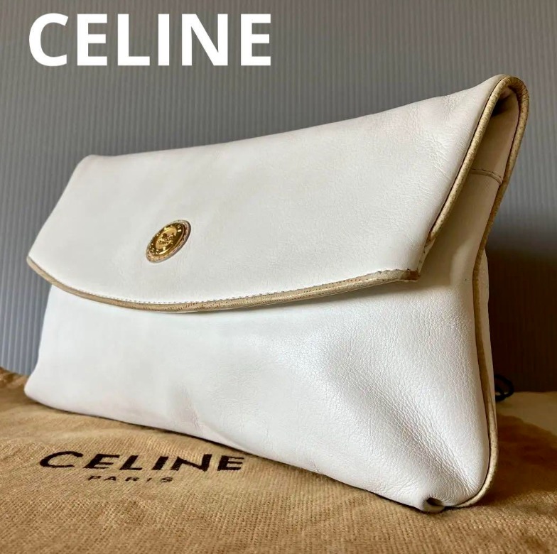 Celine trio clutch bag old logo shoulder Gray Beige leather used from japan