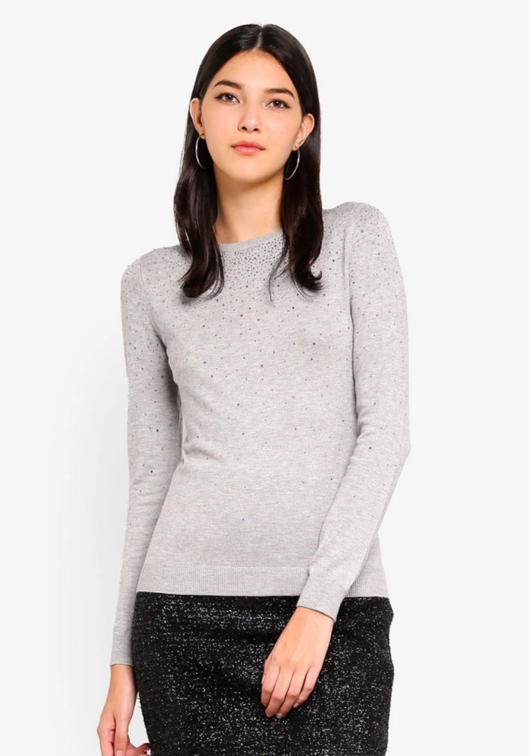 WAREHOUSE Diamante Embellished Grey Long Sleeve Knit Top