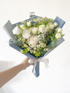 White eustomas white carnations white flowers with daisy birthday bouquet