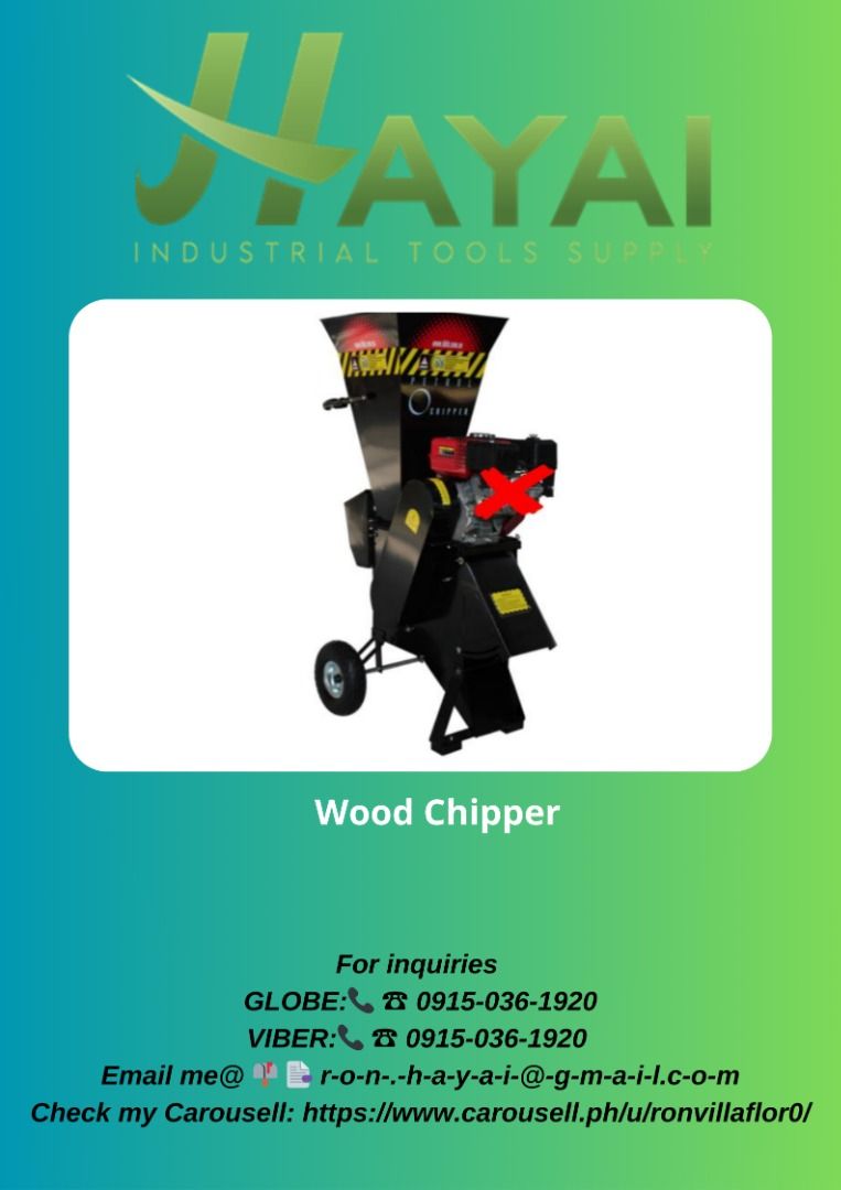 Wood Chipper (Category: Construction Tools & Equipment) located in Manila. Submitted by 09150361920ronvillaflor (Listing ID 1261983164, Image 1). Description: Wood Chipper Production Capacity ≥ 1200 kg/hr Rotational Frequency 3600 rpm Displacement 196cc Fuel Unleaded Gasoline Fuel Tank Capacity 3.6L Fuel Consumption 0.6L/hr Engine Oil 10w30 ignition Dimension 77x45x113 (cm) Weight 70kg This equipment does NOT include engine/motor ₱44,000 For inqu