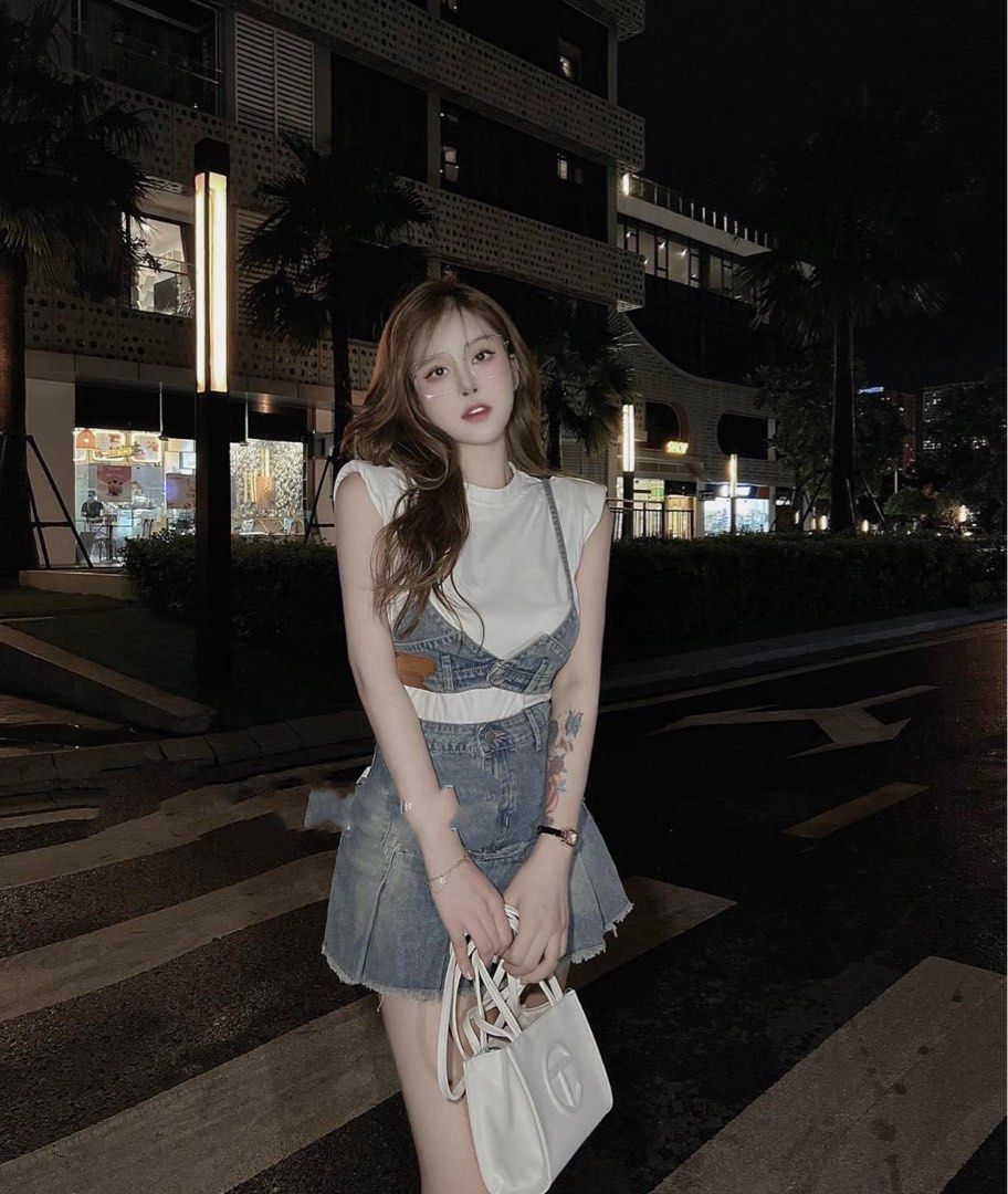 3pcs set Inner White Shirt Outer Denim Strap Bralette Miniskirt 3 LIMITED Ready Stock