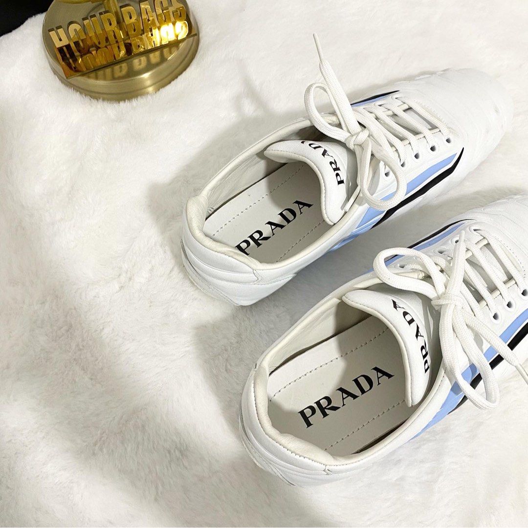 Prada blue 2025 and white sneakers